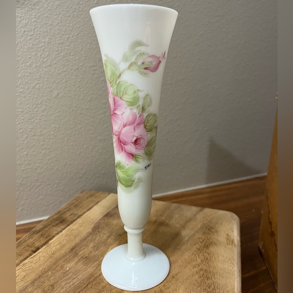 Opaline Soliflore Vase Signed M. RUST – Hand-Painted Rose Decoration – Vintage